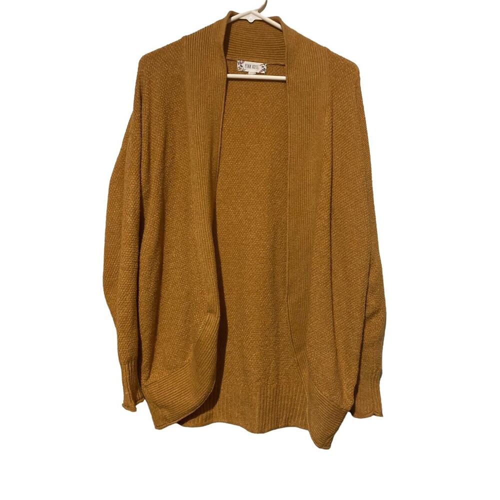 Pink Rose Brown Fuzzy Open Cardigan Sweater‎ Women's Large Comfy Office